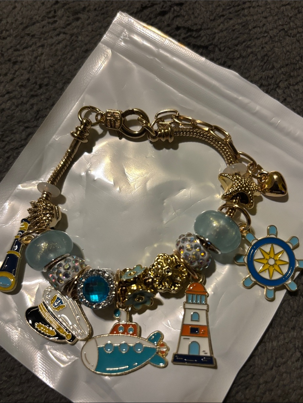 Gold-Tone Nautical Charm Bracelet with Blue Accents